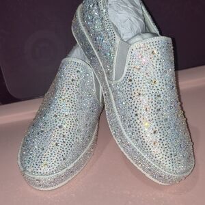 Pretty Iridescent Crystal Slip-On Mules - White